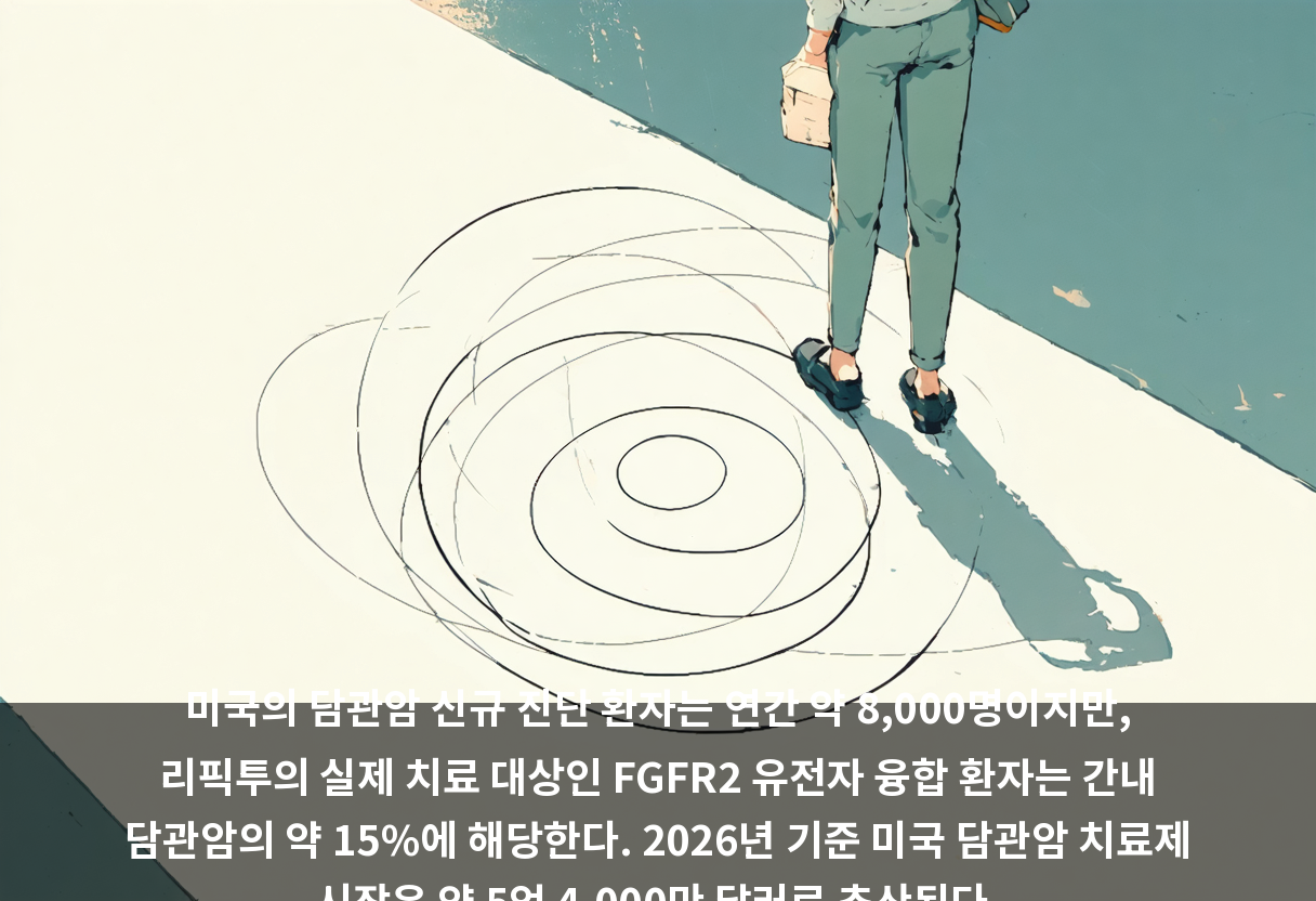 미국의 담관암 신규 진단 환자는 연간 약 8,000명이지만, 리픽투의 실제 치료 대상인 FGFR2 유전자 융합 환자는 간내 담관암의 약 15%에 해당한다. 2026년 기준 미국 담관암 치료제 시장은 약 5억 4,000만 달러로 추산된다.