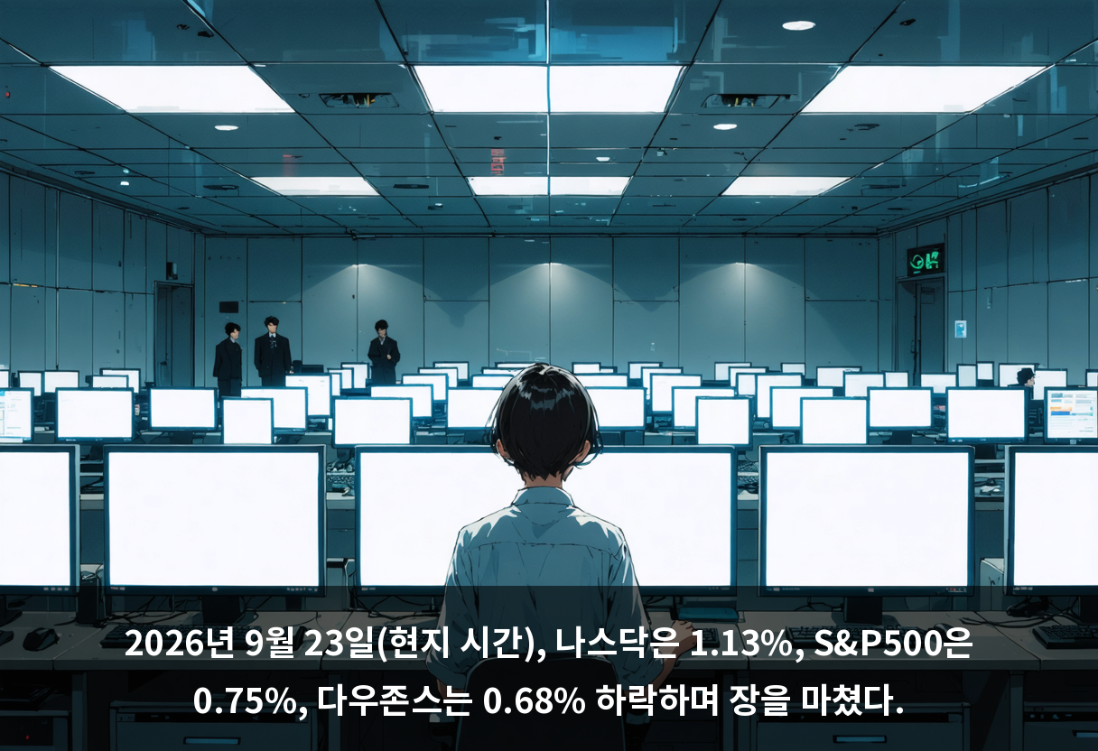 2026년 9월 23일(현지 시간), 나스닥은 1.13%, S&P500은 0.75%, 다우존스는 0.68% 하락하며 장을 마쳤다.