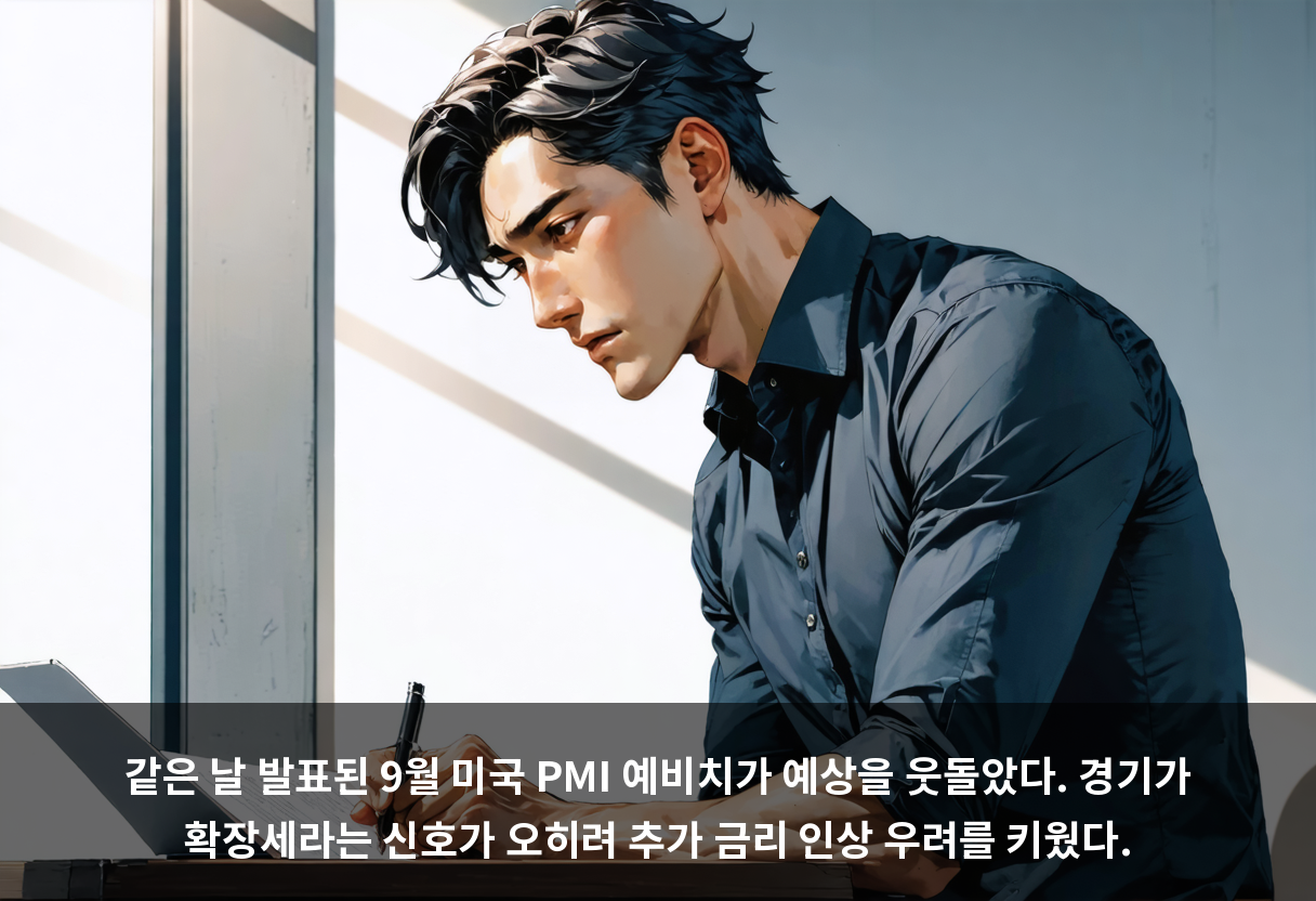 같은 날 발표된 9월 미국 PMI 예비치가 예상을 웃돌았다. 경기가 확장세라는 신호가 오히려 추가 금리 인상 우려를 키웠다.