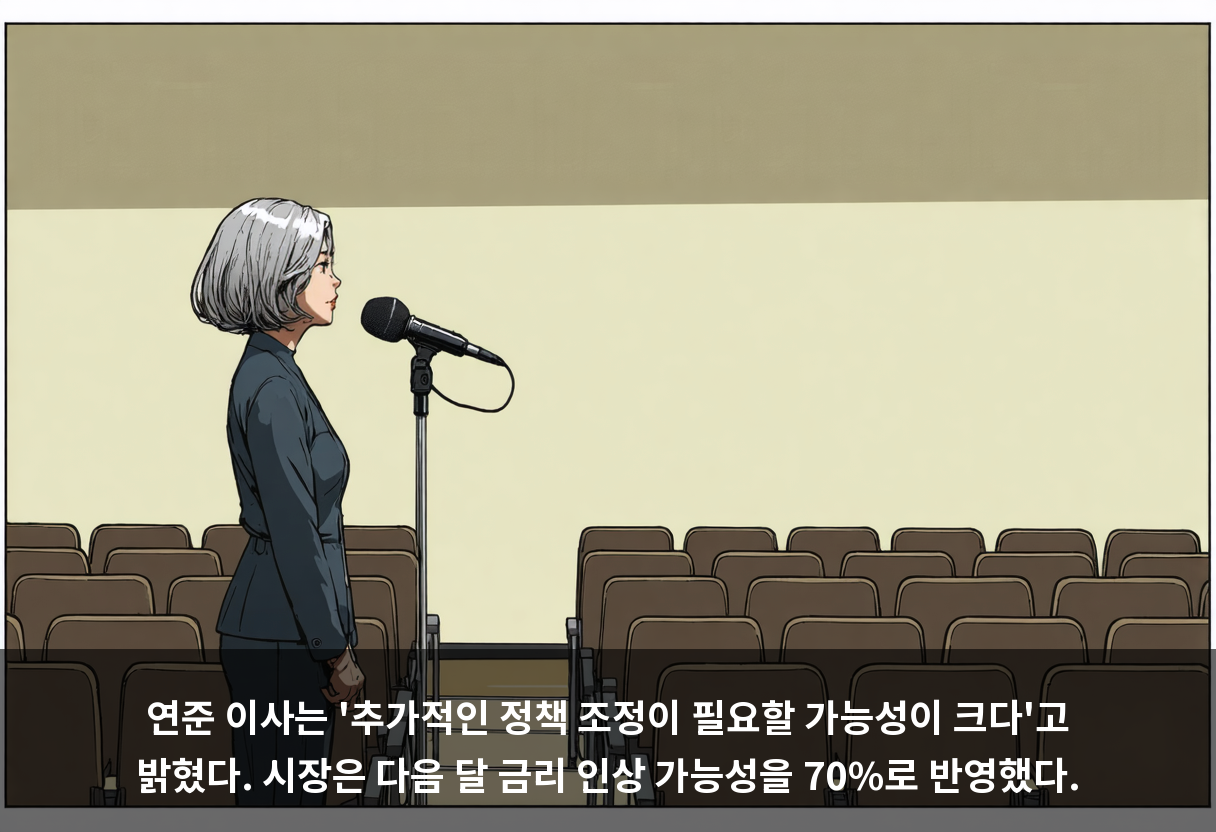 연준 이사는 '추가적인 정책 조정이 필요할 가능성이 크다'고 밝혔다. 시장은 다음 달 금리 인상 가능성을 70%로 반영했다.