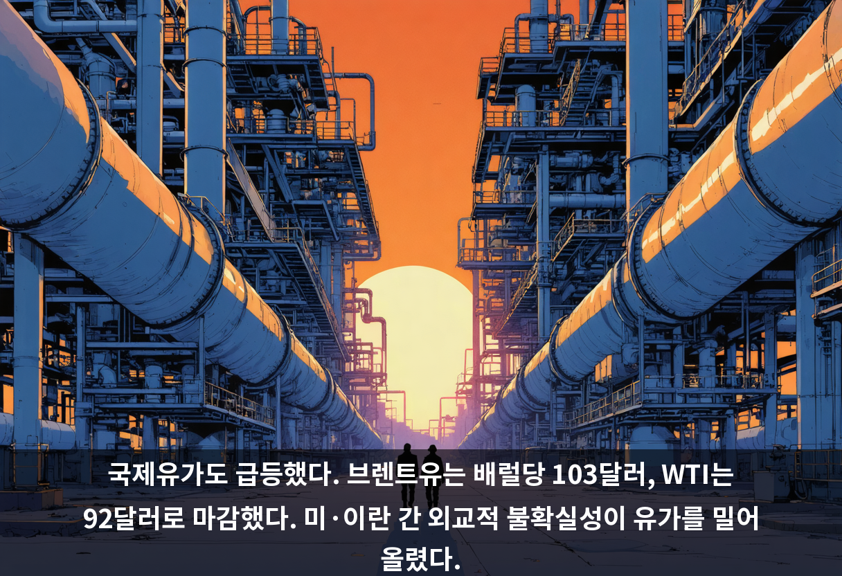 국제유가도 급등했다. 브렌트유는 배럴당 103달러, WTI는 92달러로 마감했다. 미·이란 간 외교적 불확실성이 유가를 밀어 올렸다.