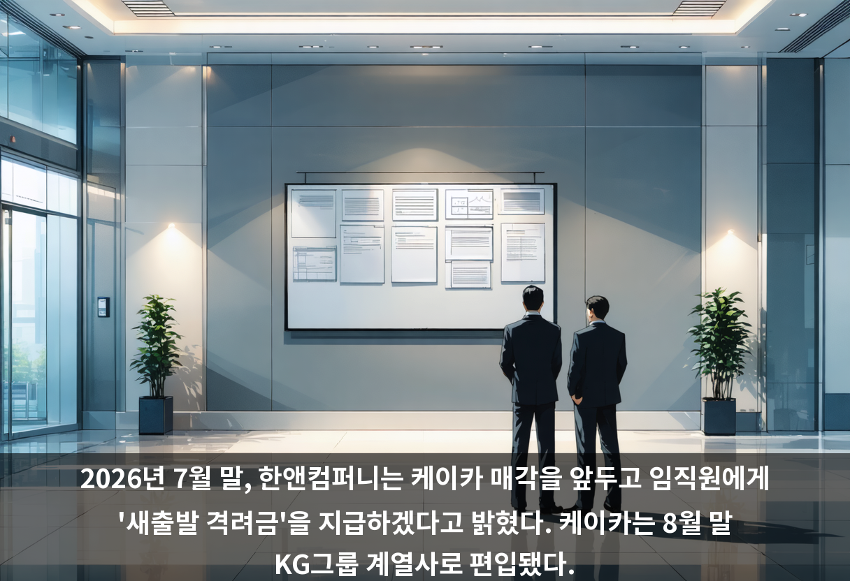 2026년 7월 말, 한앤컴퍼니는 케이카 매각을 앞두고 임직원에게 '새출발 격려금'을 지급하겠다고 밝혔다. 케이카는 8월 말 KG그룹 계열사로 편입됐다.