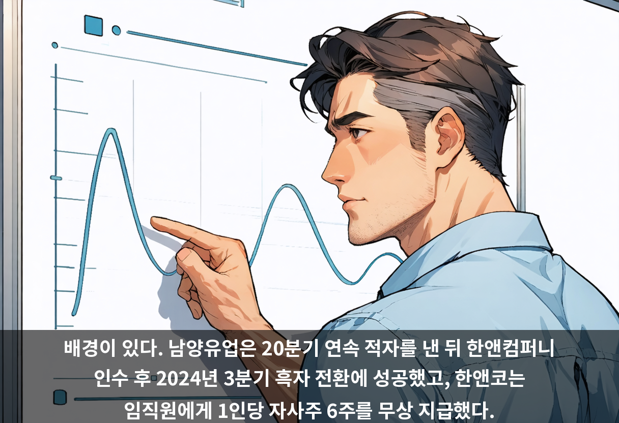 배경이 있다. 남양유업은 20분기 연속 적자를 낸 뒤 한앤컴퍼니 인수 후 2024년 3분기 흑자 전환에 성공했고, 한앤코는 임직원에게 1인당 자사주 6주를 무상 지급했다.