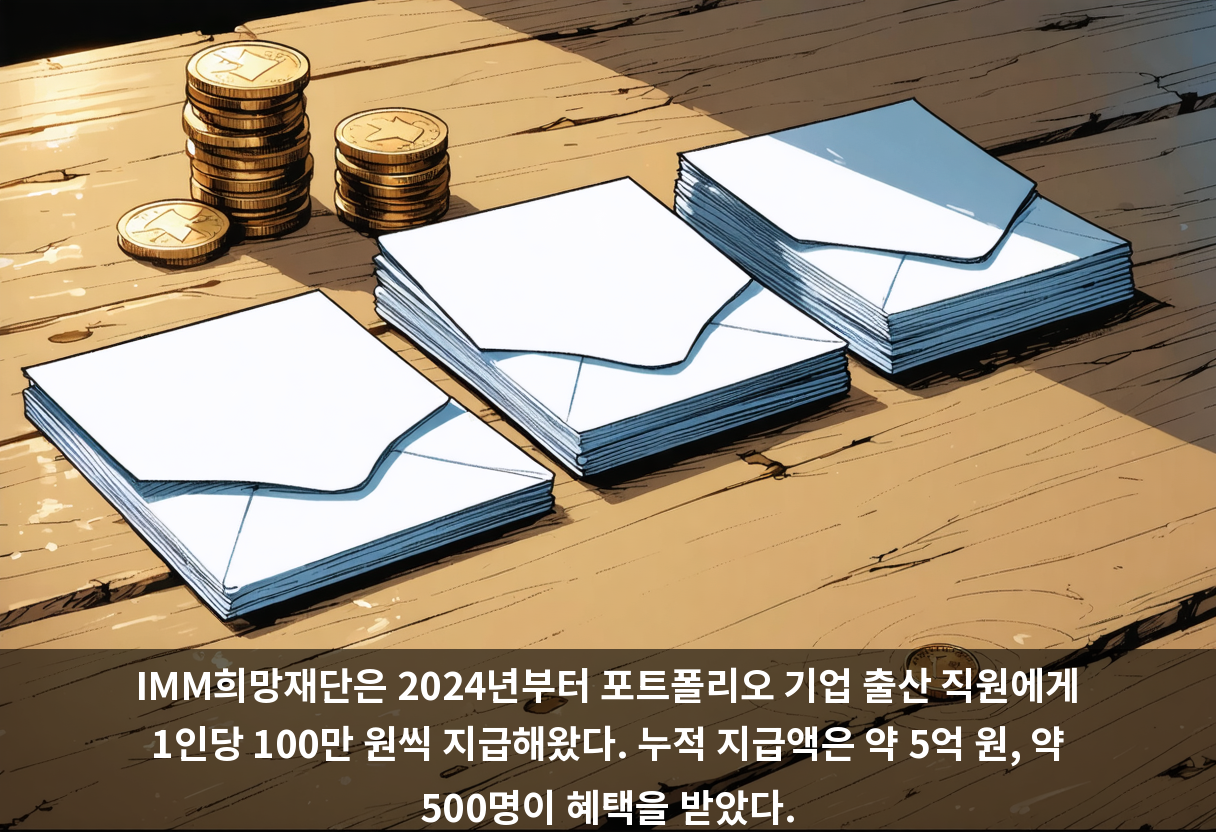 IMM희망재단은 2024년부터 포트폴리오 기업 출산 직원에게 1인당 100만 원씩 지급해왔다. 누적 지급액은 약 5억 원, 약 500명이 혜택을 받았다.