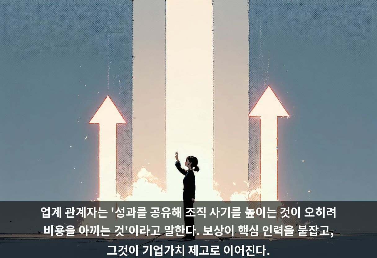 업계 관계자는 '성과를 공유해 조직 사기를 높이는 것이 오히려 비용을 아끼는 것'이라고 말한다. 보상이 핵심 인력을 붙잡고, 그것이 기업가치 제고로 이어진다.