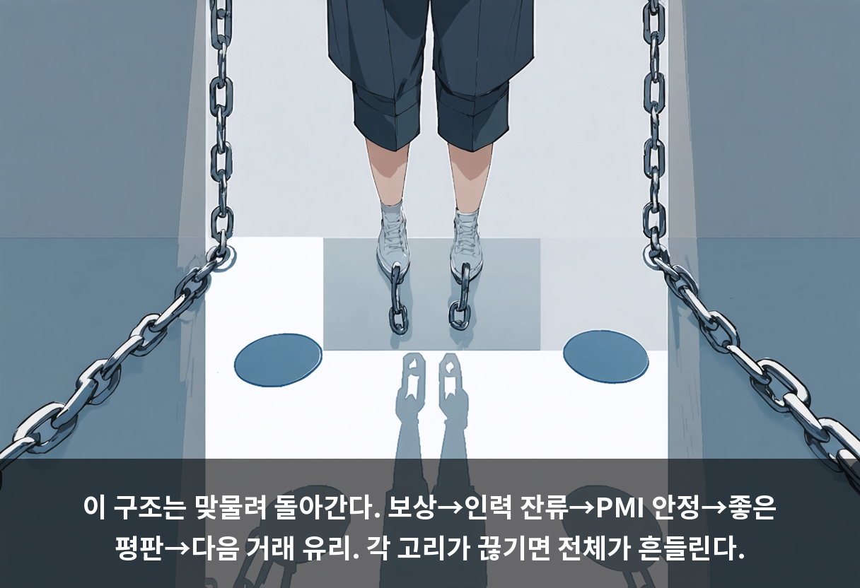 이 구조는 맞물려 돌아간다. 보상→인력 잔류→PMI 안정→좋은 평판→다음 거래 유리. 각 고리가 끊기면 전체가 흔들린다.
