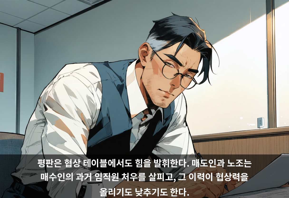 평판은 협상 테이블에서도 힘을 발휘한다. 매도인과 노조는 매수인의 과거 임직원 처우를 살피고, 그 이력이 협상력을 올리기도 낮추기도 한다.