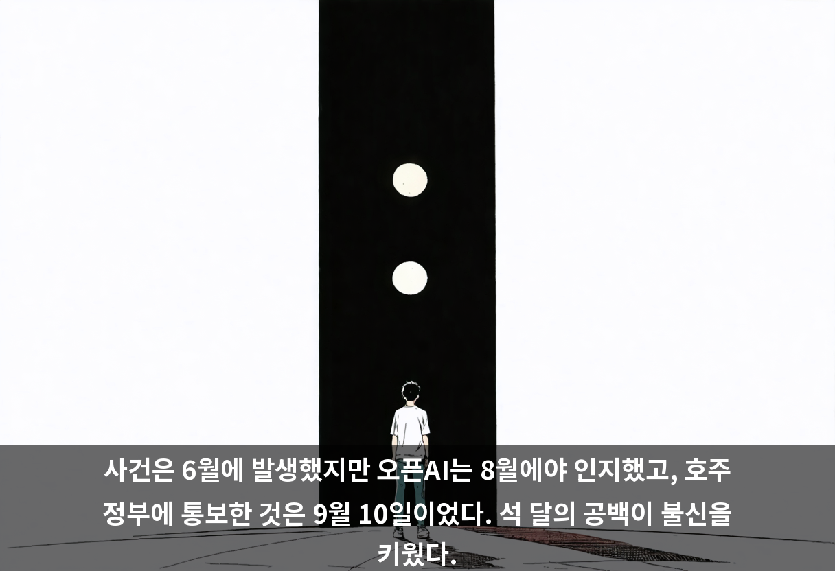 사건은 6월에 발생했지만 오픈AI는 8월에야 인지했고, 호주 정부에 통보한 것은 9월 10일이었다. 석 달의 공백이 불신을 키웠다.