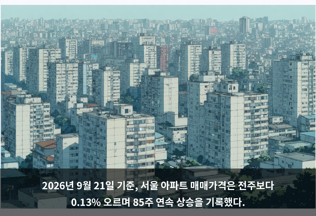 2026년 9월 21일 기준, 서울 아파트 매매가격은 전주보다 0.13% 오르며 85주 연속 상승을 기록했다.