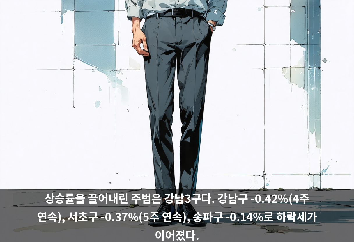 상승률을 끌어내린 주범은 강남3구다. 강남구 -0.42%(4주 연속), 서초구 -0.37%(5주 연속), 송파구 -0.14%로 하락세가 이어졌다.