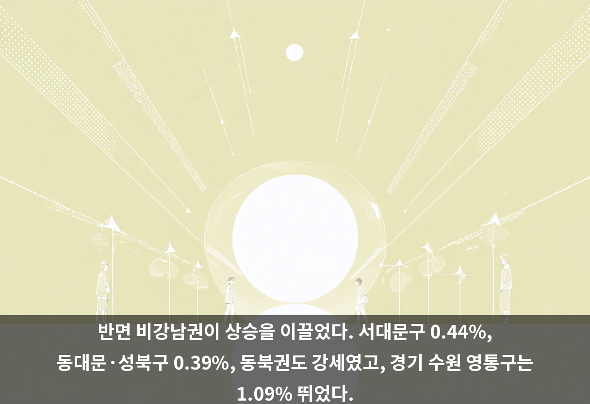 반면 비강남권이 상승을 이끌었다. 서대문구 0.44%, 동대문·성북구 0.39%, 동북권도 강세였고, 경기 수원 영통구는 1.09% 뛰었다.