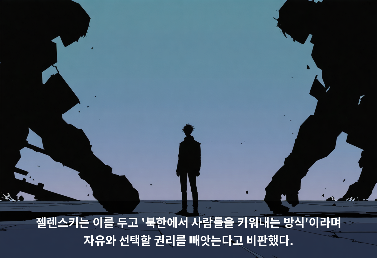 젤렌스키는 이를 두고 '북한에서 사람들을 키워내는 방식'이라며 자유와 선택할 권리를 빼앗는다고 비판했다.