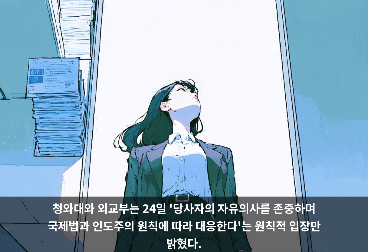 청와대와 외교부는 24일 '당사자의 자유의사를 존중하며 국제법과 인도주의 원칙에 따라 대응한다'는 원칙적 입장만 밝혔다.