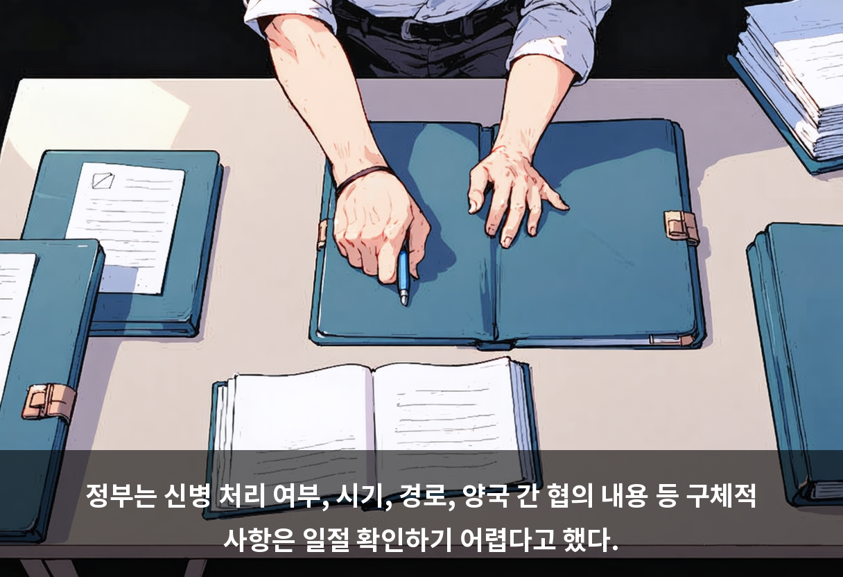 정부는 신병 처리 여부, 시기, 경로, 양국 간 협의 내용 등 구체적 사항은 일절 확인하기 어렵다고 했다.