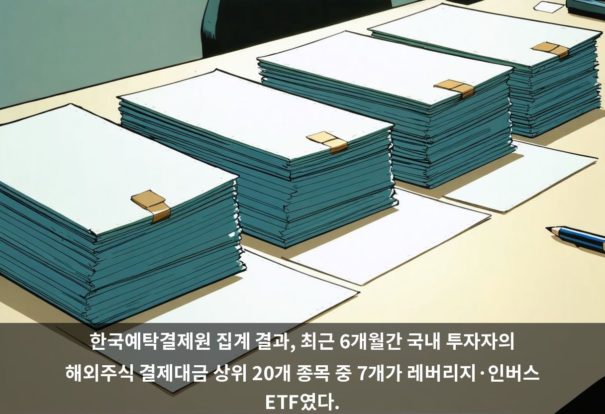 한국예탁결제원 집계 결과, 최근 6개월간 국내 투자자의 해외주식 결제대금 상위 20개 종목 중 7개가 레버리지·인버스 ETF였다.