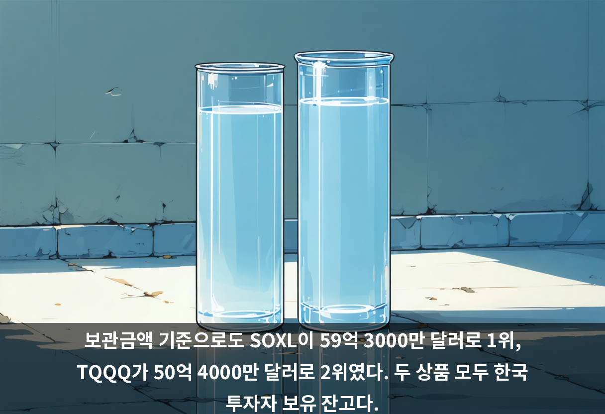 보관금액 기준으로도 SOXL이 59억 3000만 달러로 1위, TQQQ가 50억 4000만 달러로 2위였다. 두 상품 모두 한국 투자자 보유 잔고다.