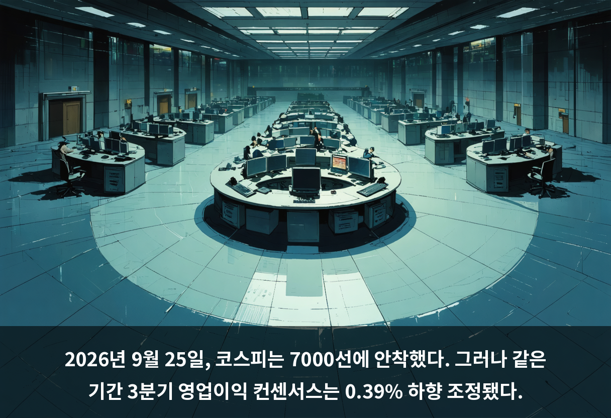 2026년 9월 25일, 코스피는 7000선에 안착했다. 그러나 같은 기간 3분기 영업이익 컨센서스는 0.39% 하향 조정됐다.