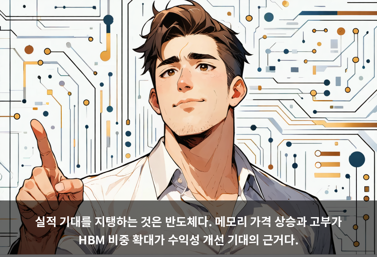 실적 기대를 지탱하는 것은 반도체다. 메모리 가격 상승과 고부가 HBM 비중 확대가 수익성 개선 기대의 근거다.