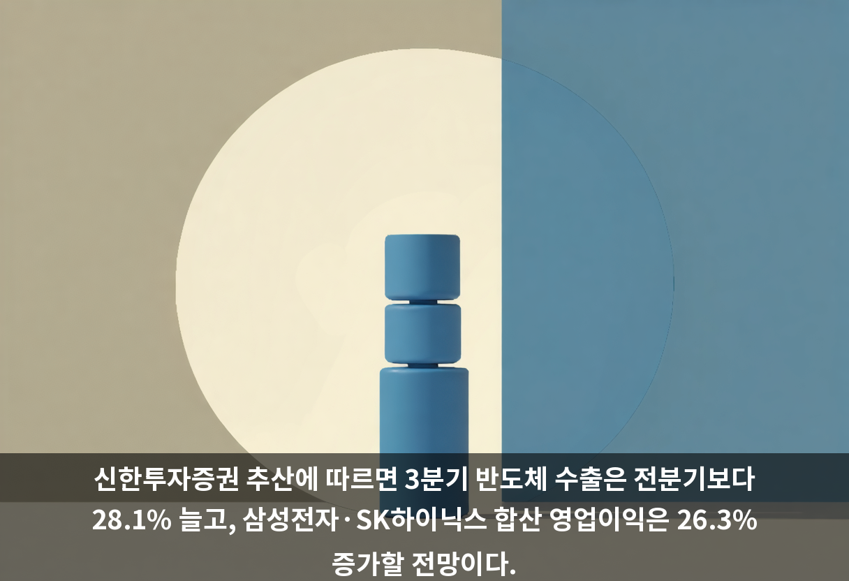 신한투자증권 추산에 따르면 3분기 반도체 수출은 전분기보다 28.1% 늘고, 삼성전자·SK하이닉스 합산 영업이익은 26.3% 증가할 전망이다.