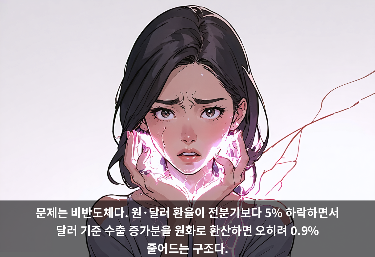 문제는 비반도체다. 원·달러 환율이 전분기보다 5% 하락하면서 달러 기준 수출 증가분을 원화로 환산하면 오히려 0.9% 줄어드는 구조다.