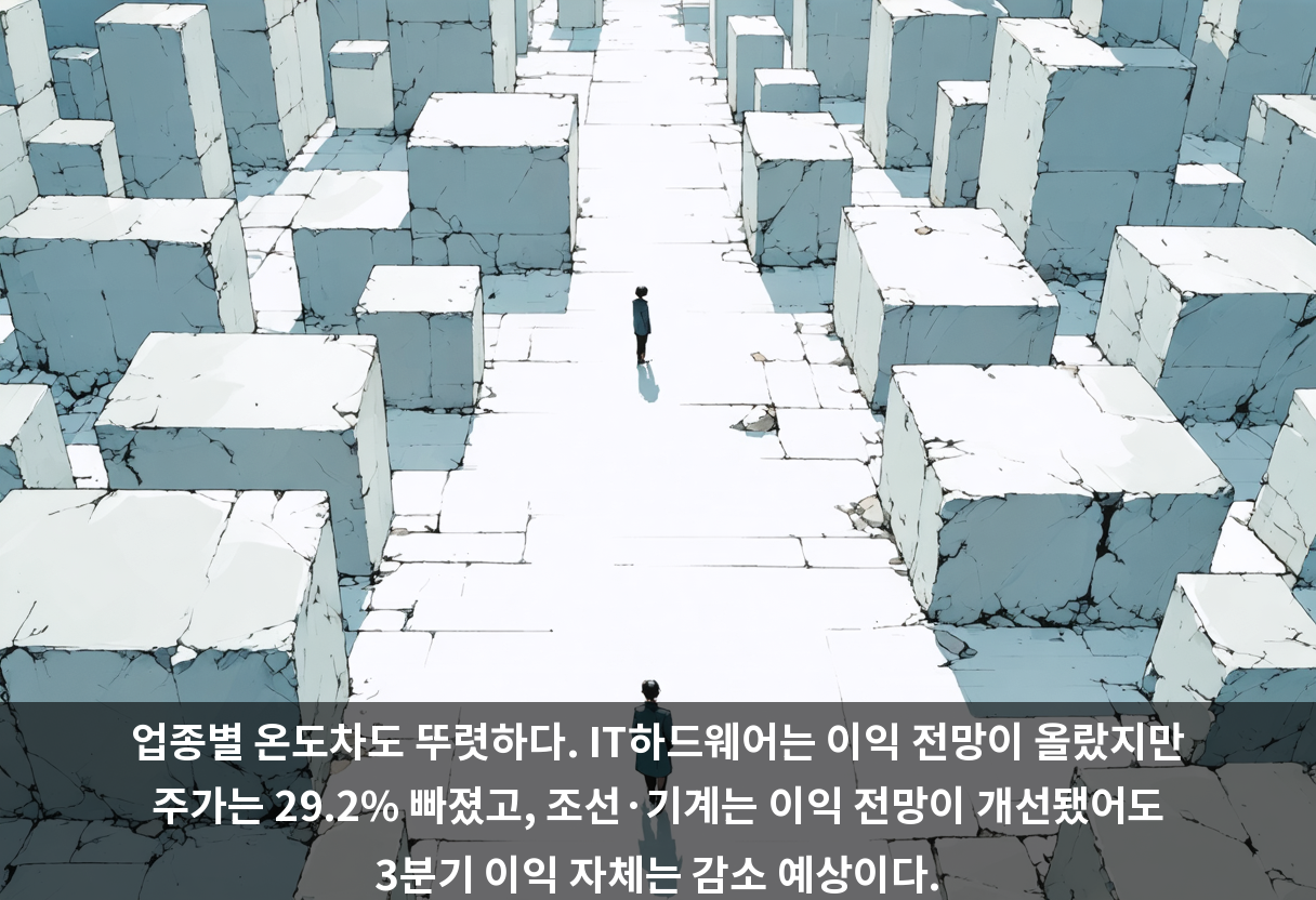 업종별 온도차도 뚜렷하다. IT하드웨어는 이익 전망이 올랐지만 주가는 29.2% 빠졌고, 조선·기계는 이익 전망이 개선됐어도 3분기 이익 자체는 감소 예상이다.