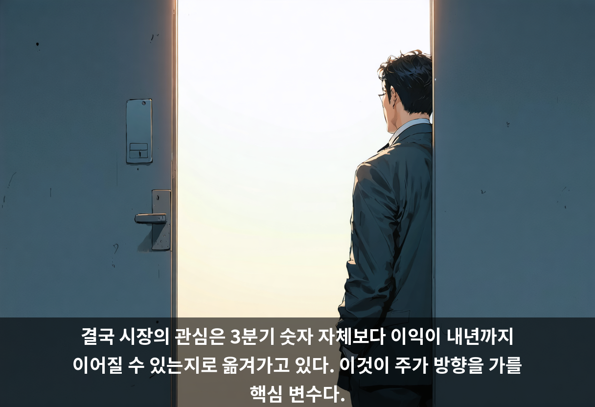 결국 시장의 관심은 3분기 숫자 자체보다 이익이 내년까지 이어질 수 있는지로 옮겨가고 있다. 이것이 주가 방향을 가를 핵심 변수다.