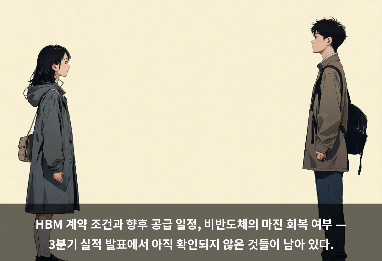 HBM 계약 조건과 향후 공급 일정, 비반도체의 마진 회복 여부 — 3분기 실적 발표에서 아직 확인되지 않은 것들이 남아 있다.