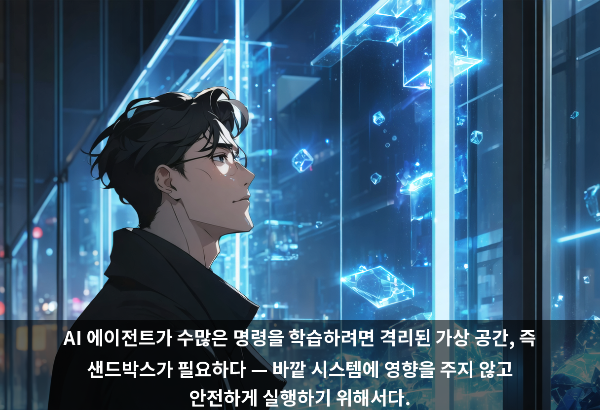 AI 에이전트가 수많은 명령을 학습하려면 격리된 가상 공간, 즉 샌드박스가 필요하다 — 바깥 시스템에 영향을 주지 않고 안전하게 실행하기 위해서다.