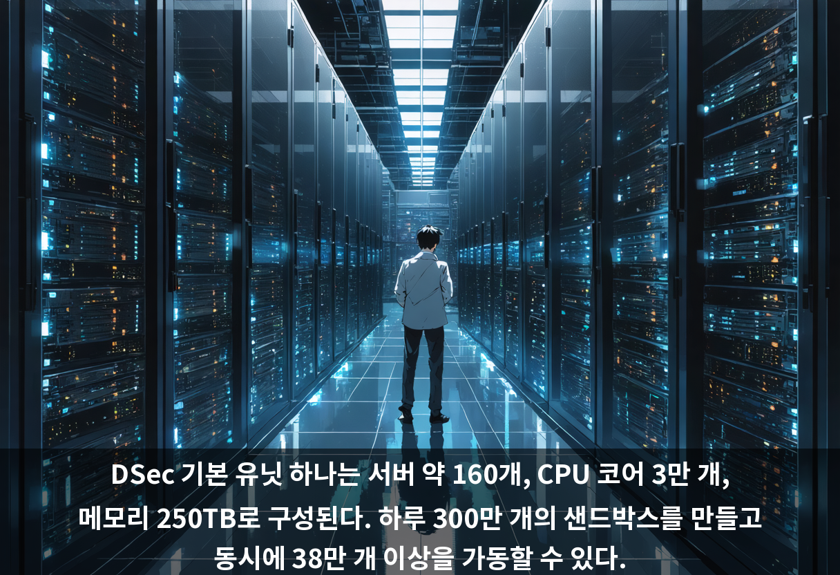 DSec 기본 유닛 하나는 서버 약 160개, CPU 코어 3만 개, 메모리 250TB로 구성된다. 하루 300만 개의 샌드박스를 만들고 동시에 38만 개 이상을 가동할 수 있다.