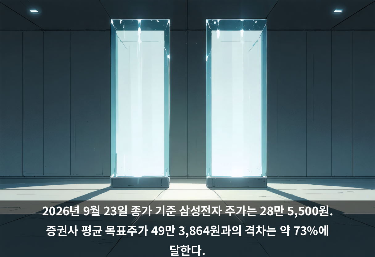 2026년 9월 23일 종가 기준 삼성전자 주가는 28만 5,500원. 증권사 평균 목표주가 49만 3,864원과의 격차는 약 73%에 달한다.