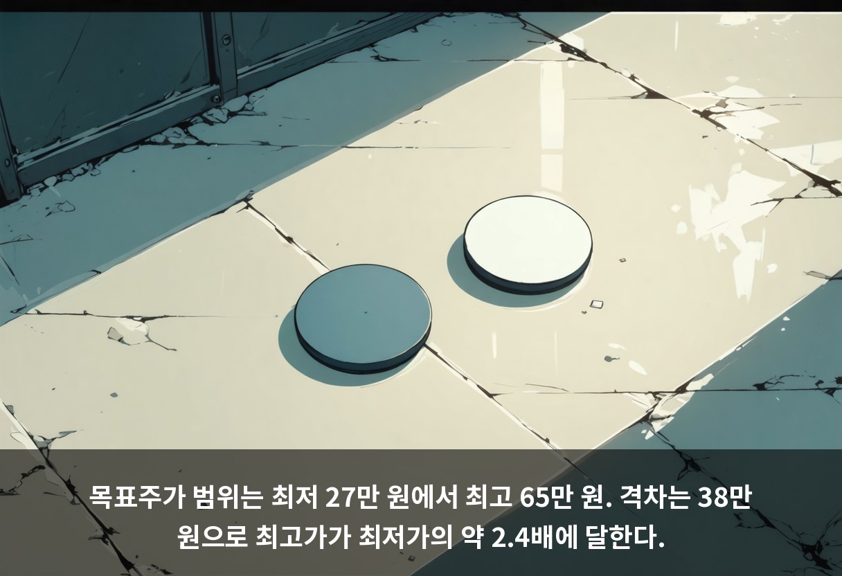 목표주가 범위는 최저 27만 원에서 최고 65만 원. 격차는 38만 원으로 최고가가 최저가의 약 2.4배에 달한다.