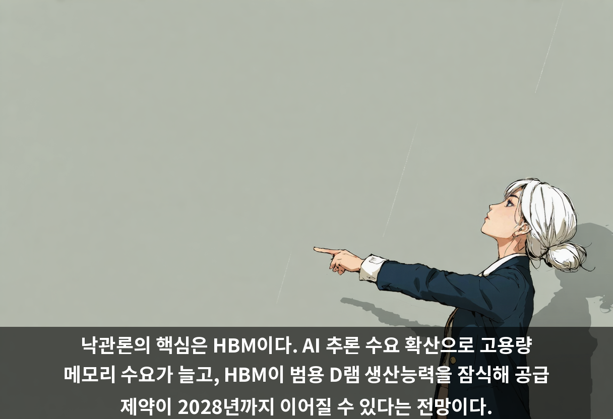 낙관론의 핵심은 HBM이다. AI 추론 수요 확산으로 고용량 메모리 수요가 늘고, HBM이 범용 D램 생산능력을 잠식해 공급 제약이 2028년까지 이어질 수 있다는 전망이다.