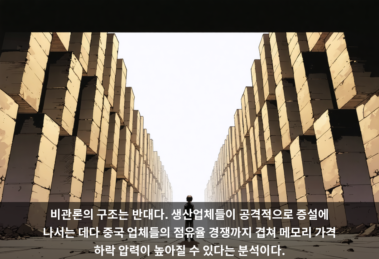비관론의 구조는 반대다. 생산업체들이 공격적으로 증설에 나서는 데다 중국 업체들의 점유율 경쟁까지 겹쳐 메모리 가격 하락 압력이 높아질 수 있다는 분석이다.