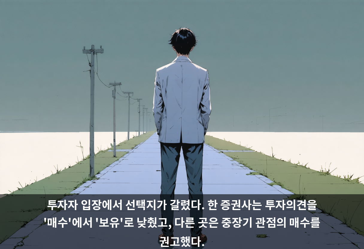 투자자 입장에서 선택지가 갈렸다. 한 증권사는 투자의견을 '매수'에서 '보유'로 낮췄고, 다른 곳은 중장기 관점의 매수를 권고했다.