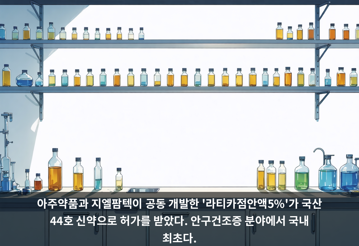 아주약품과 지엘팜텍이 공동 개발한 '라티카점안액5%'가 국산 44호 신약으로 허가를 받았다. 안구건조증 분야에서 국내 최초다.