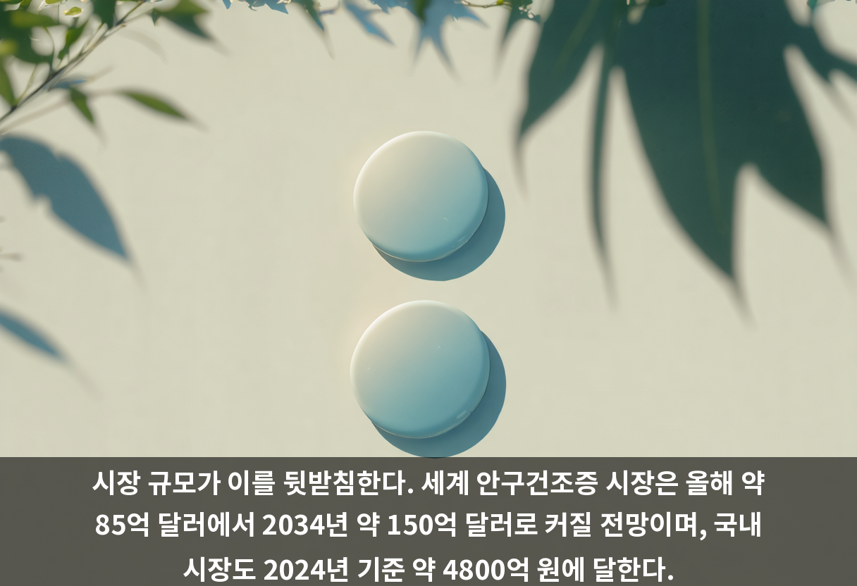 시장 규모가 이를 뒷받침한다. 세계 안구건조증 시장은 올해 약 85억 달러에서 2034년 약 150억 달러로 커질 전망이며, 국내 시장도 2024년 기준 약 4800억 원에 달한다.