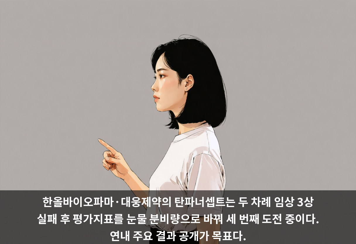 한올바이오파마·대웅제약의 탄파너셉트는 두 차례 임상 3상 실패 후 평가지표를 눈물 분비량으로 바꿔 세 번째 도전 중이다. 연내 주요 결과 공개가 목표다.