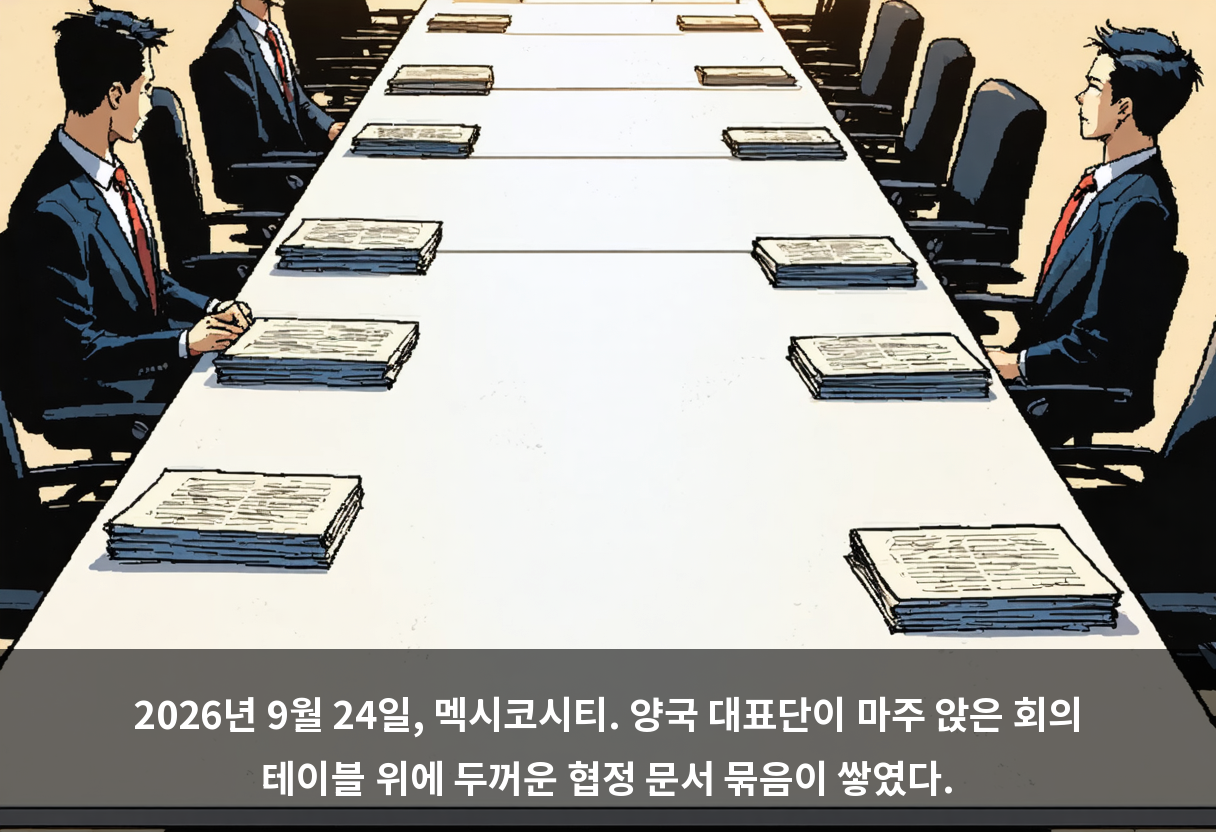 2026년 9월 24일, 멕시코시티. 양국 대표단이 마주 앉은 회의 테이블 위에 두꺼운 협정 문서 묶음이 쌓였다.