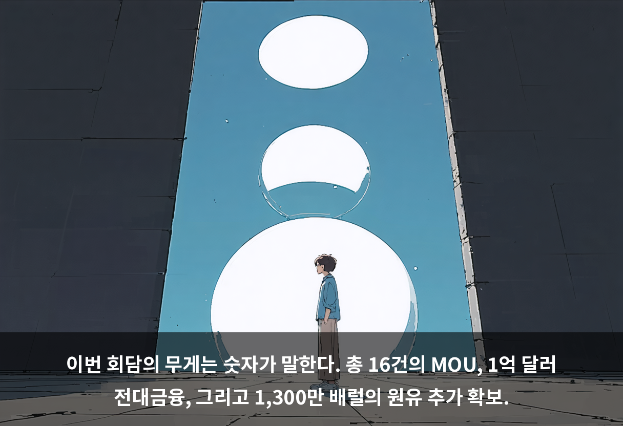 이번 회담의 무게는 숫자가 말한다. 총 16건의 MOU, 1억 달러 전대금융, 그리고 1,300만 배럴의 원유 추가 확보.