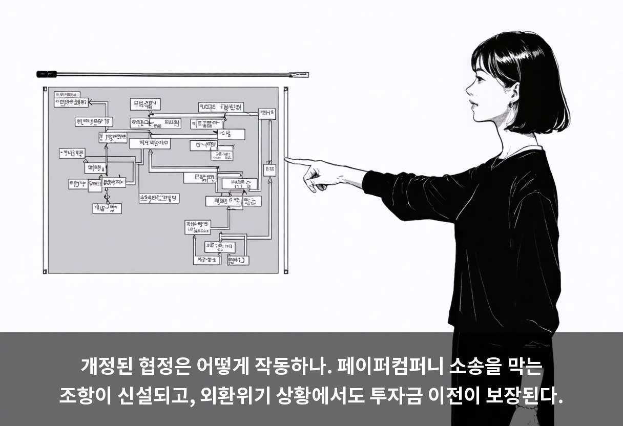 개정된 협정은 어떻게 작동하나. 페이퍼컴퍼니 소송을 막는 조항이 신설되고, 외환위기 상황에서도 투자금 이전이 보장된다.