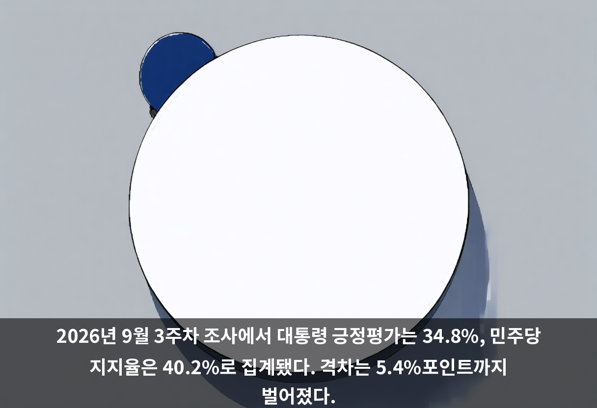 2026년 9월 3주차 조사에서 대통령 긍정평가는 34.8%, 민주당 지지율은 40.2%로 집계됐다. 격차는 5.4%포인트까지 벌어졌다.