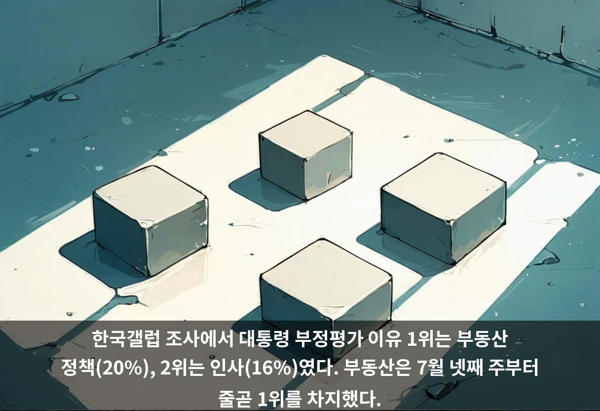 한국갤럽 조사에서 대통령 부정평가 이유 1위는 부동산 정책(20%), 2위는 인사(16%)였다. 부동산은 7월 넷째 주부터 줄곧 1위를 차지했다.