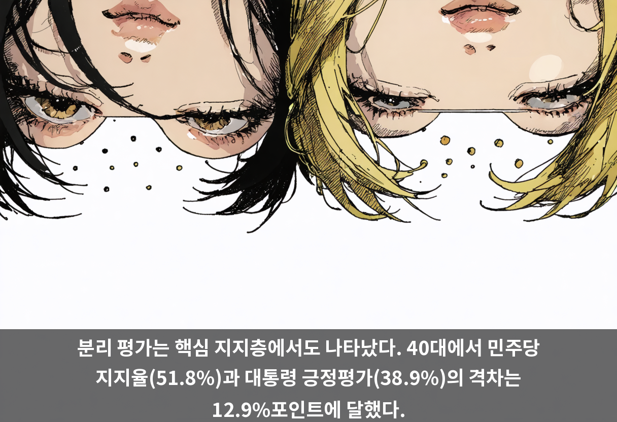 분리 평가는 핵심 지지층에서도 나타났다. 40대에서 민주당 지지율(51.8%)과 대통령 긍정평가(38.9%)의 격차는 12.9%포인트에 달했다.