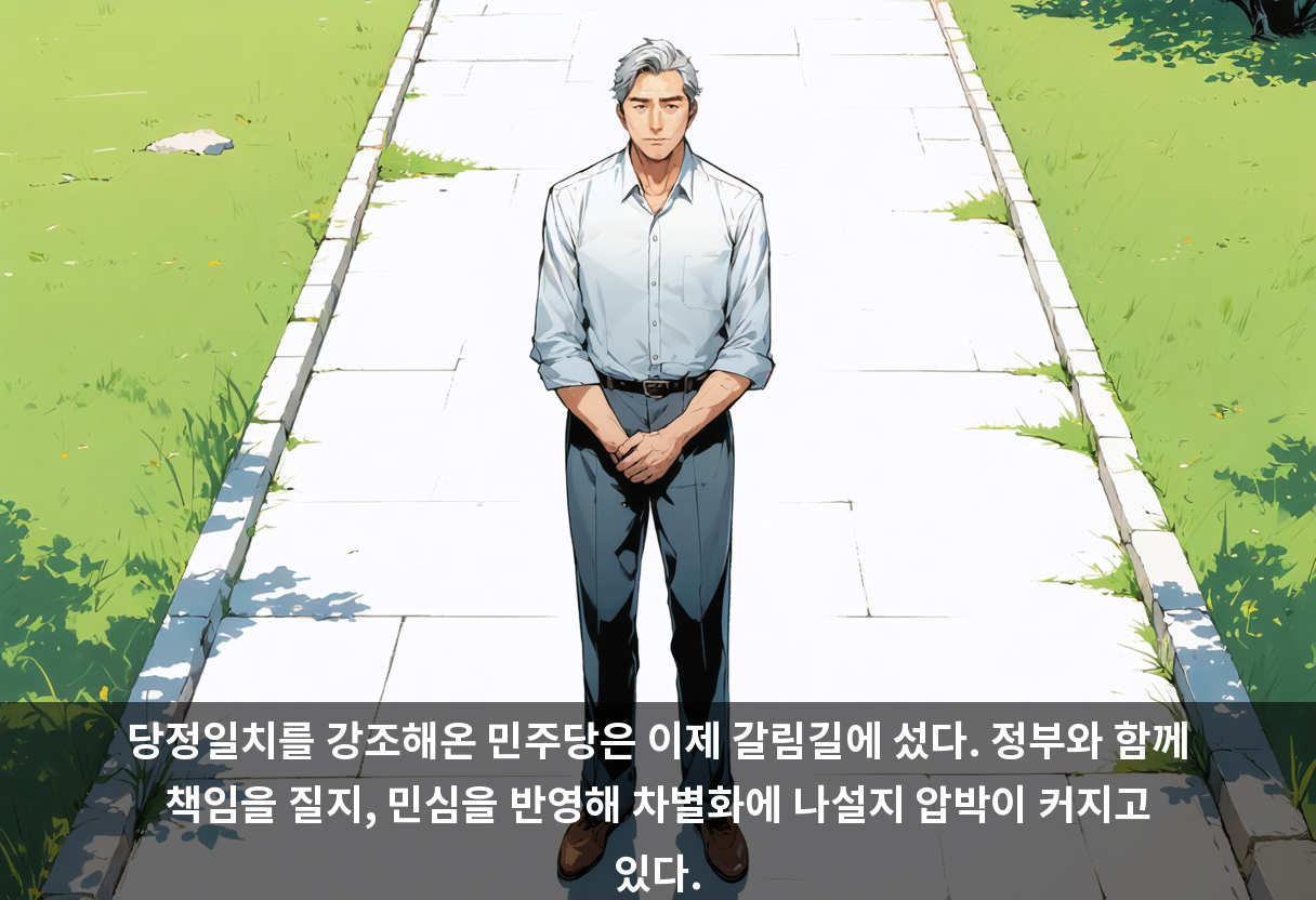 당정일치를 강조해온 민주당은 이제 갈림길에 섰다. 정부와 함께 책임을 질지, 민심을 반영해 차별화에 나설지 압박이 커지고 있다.