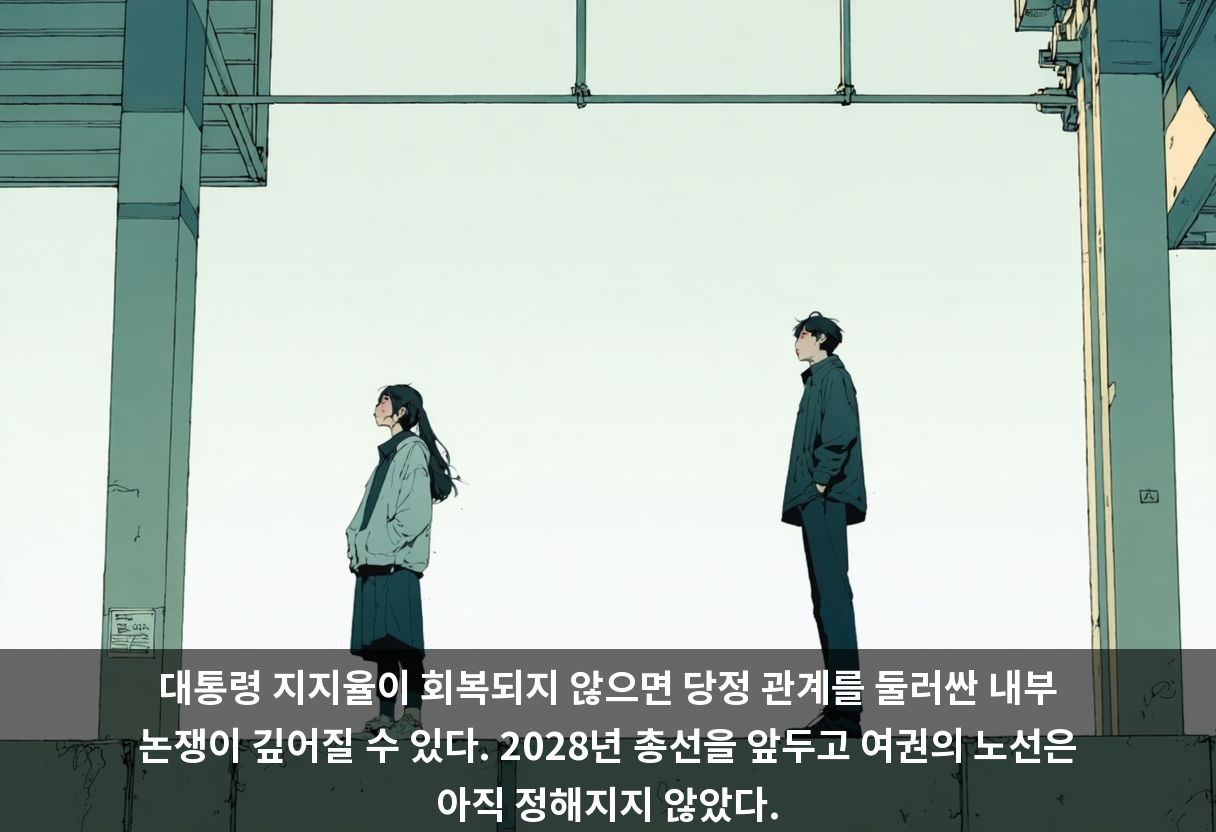 대통령 지지율이 회복되지 않으면 당정 관계를 둘러싼 내부 논쟁이 깊어질 수 있다. 2028년 총선을 앞두고 여권의 노선은 아직 정해지지 않았다.