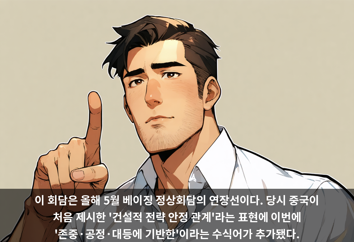 이 회담은 올해 5월 베이징 정상회담의 연장선이다. 당시 중국이 처음 제시한 '건설적 전략 안정 관계'라는 표현에 이번에 '존중·공정·대등에 기반한'이라는 수식어가 추가됐다.