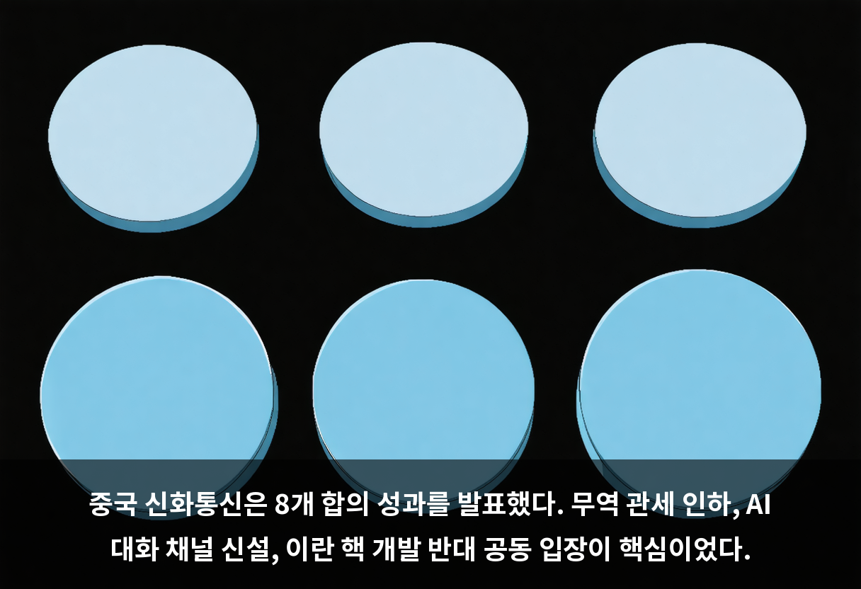 중국 신화통신은 8개 합의 성과를 발표했다. 무역 관세 인하, AI 대화 채널 신설, 이란 핵 개발 반대 공동 입장이 핵심이었다.