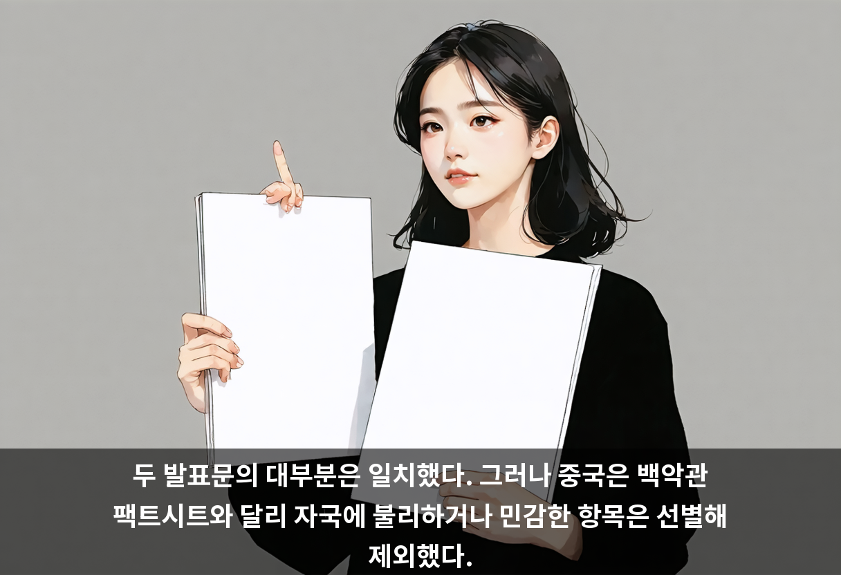두 발표문의 대부분은 일치했다. 그러나 중국은 백악관 팩트시트와 달리 자국에 불리하거나 민감한 항목은 선별해 제외했다.