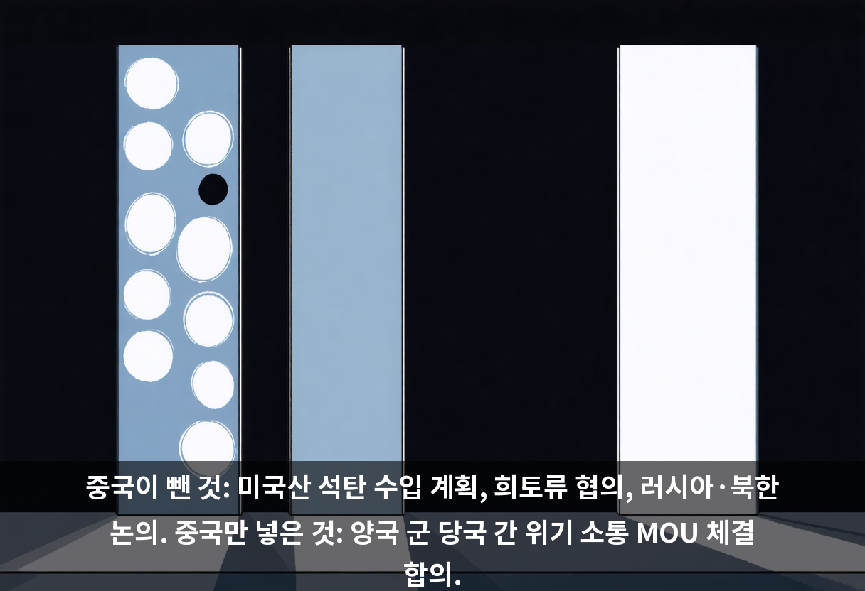 중국이 뺀 것: 미국산 석탄 수입 계획, 희토류 협의, 러시아·북한 논의. 중국만 넣은 것: 양국 군 당국 간 위기 소통 MOU 체결 합의.