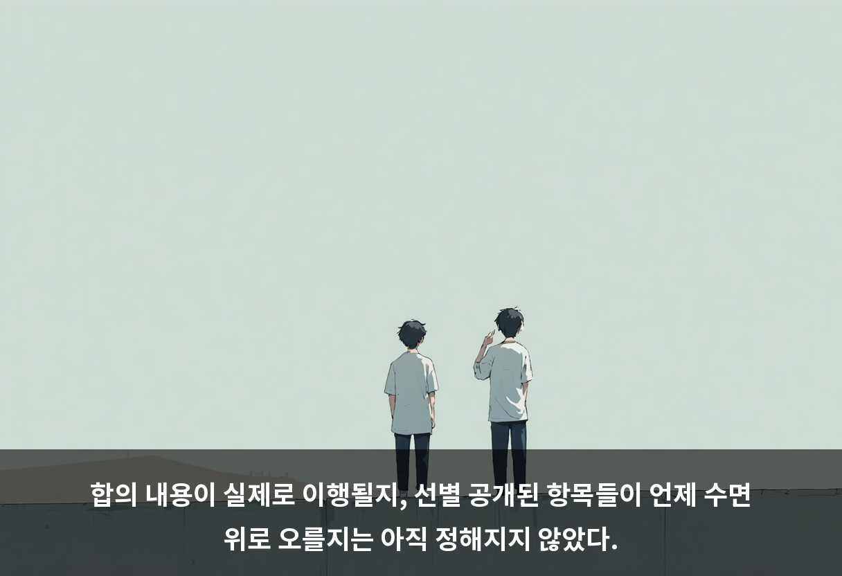 합의 내용이 실제로 이행될지, 선별 공개된 항목들이 언제 수면 위로 오를지는 아직 정해지지 않았다.